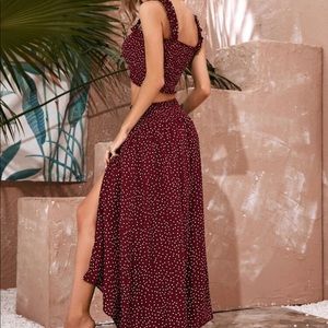 Ruffle trim shirred polka dot tank top/split hem skirt set (burgundy)